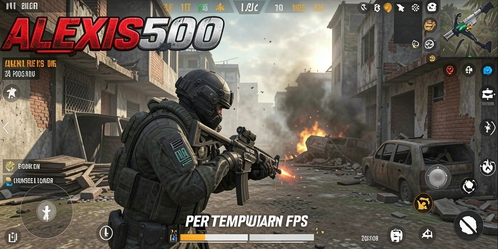 Screenshot gameplay ALEXIS500 menunjukkan aksi pertempuran yang mendebarkan.