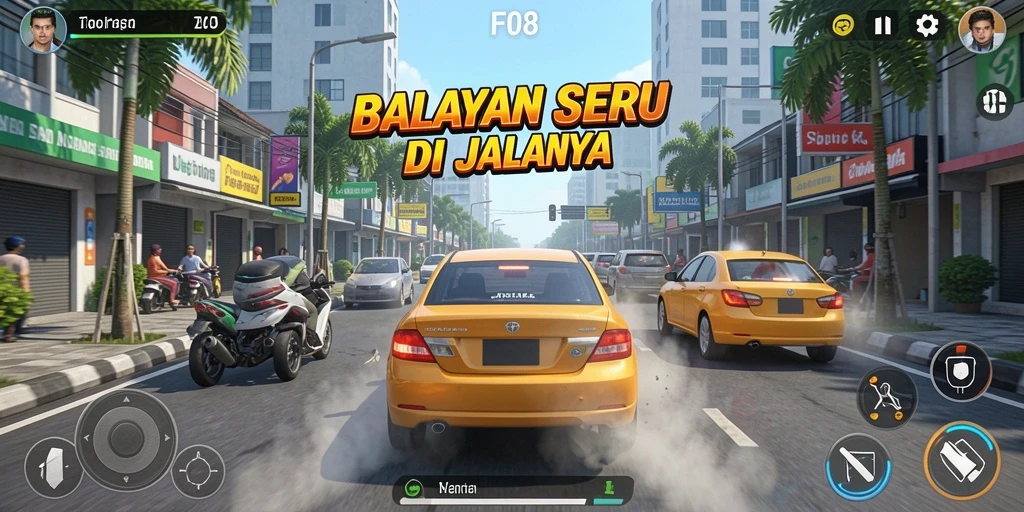 Tampilan utama gameplay F08 yang menampilkan mobil balap melaju kencang.