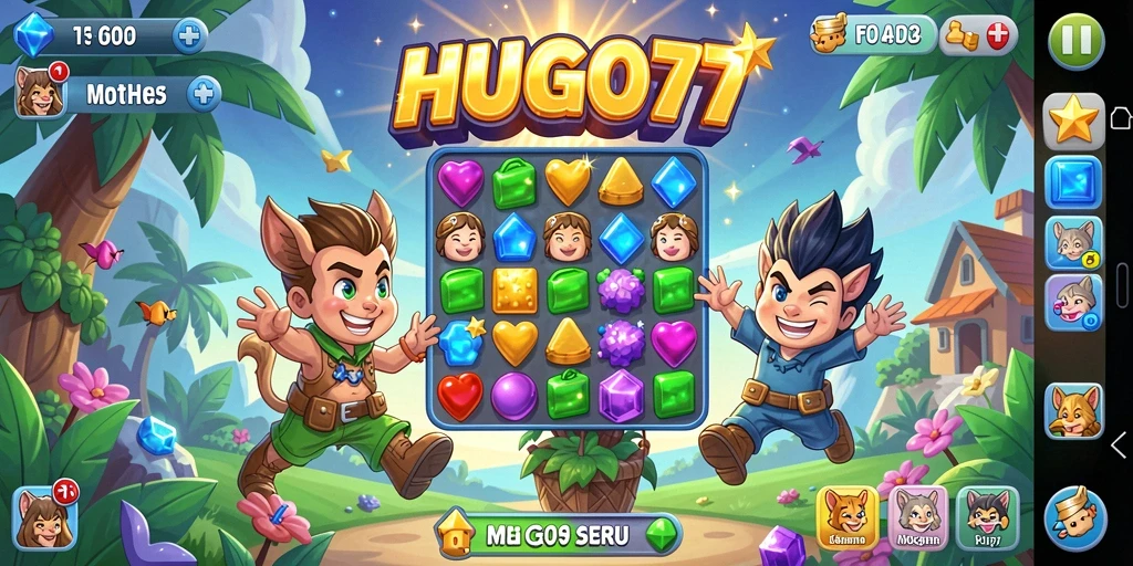 Screenshot gameplay HUGO77 menunjukkan kombinasi permata menawan dalam level Match-3.