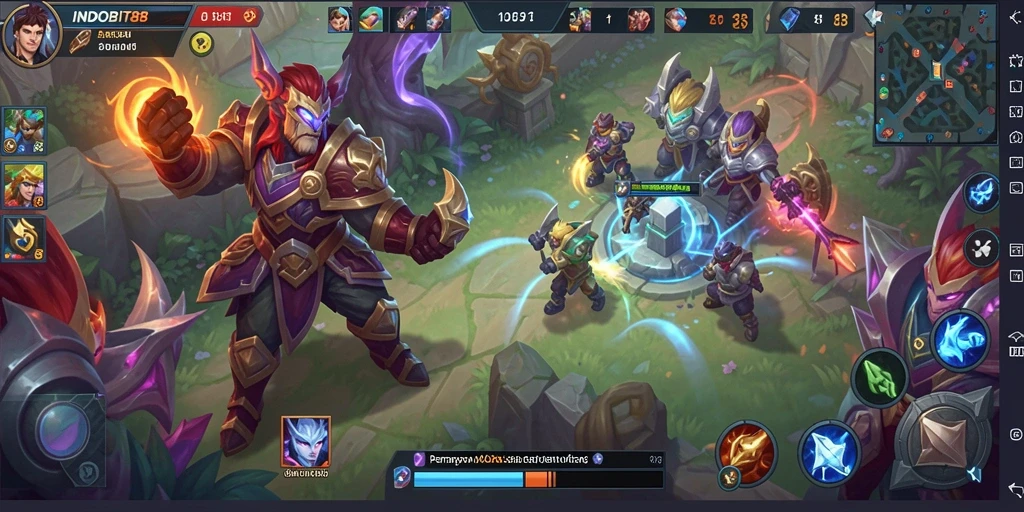 Tangkapan layar gameplay <strong>INDOBIT88</strong> menampilkan pertempuran epik antara dua tim.