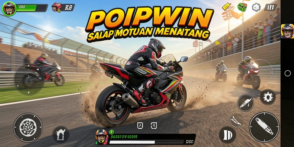 Tampilan gameplay menegangkan dalam POPWIN saat pembalap bersaing di lintasan balap.