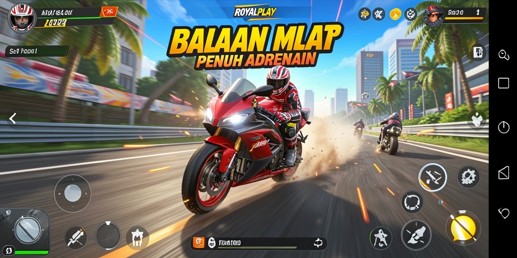 Tampilan gameplay memukau dari ROYALPLAY yang menampilkan balapan motor seru.