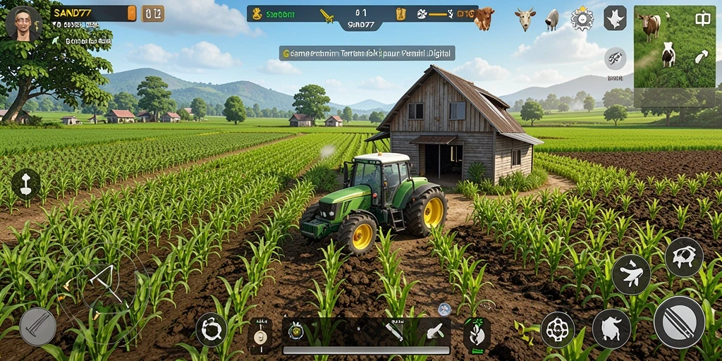 Screenshot SAND77 menampilkan aksi bertani yang menarik dan interaksi dengan hewan.