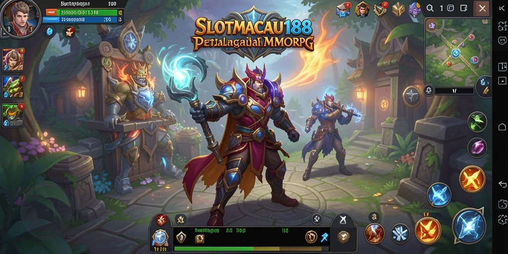 Screenshot gameplay SLOTMACAU188 menampilkan pertarungan epik dan eksplorasi dunia yang kaya.