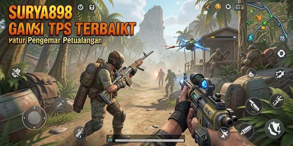 Tangkapan layar gameplay SURYA898 menampilkan aksi seru dalam pertempuran TPS.